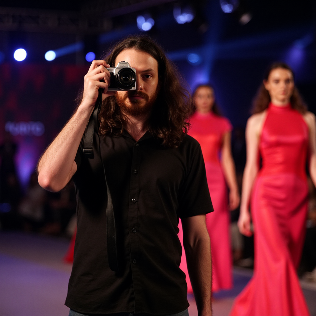 Rito on a runway holding a camera to his eye facing the viewer with models walking in the background in red dresses